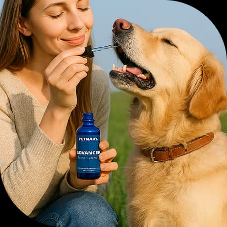 Woman administering liquid to golden retriever